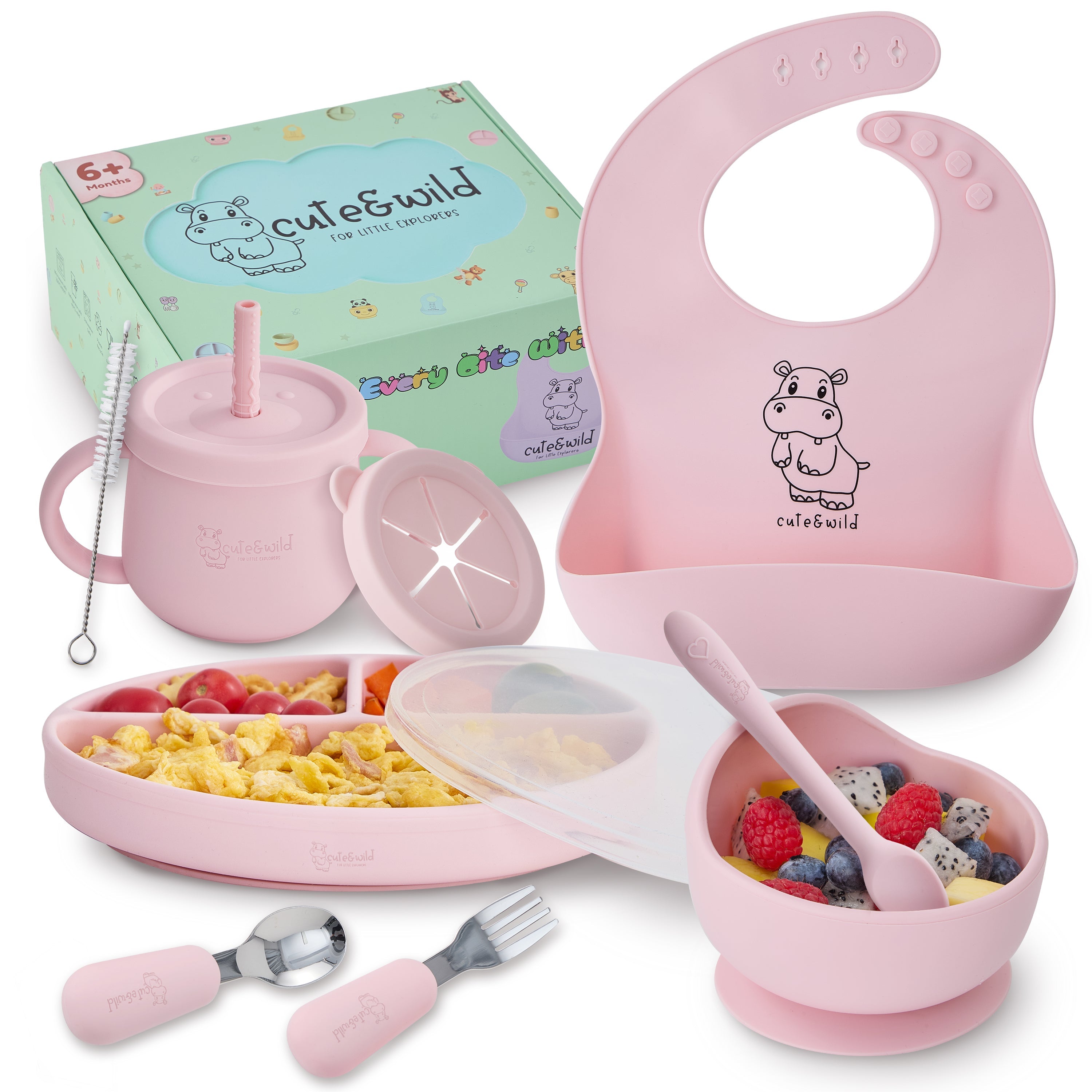cute&wild silicone toddler feeding set in pink. Features a mess-free suction bowl and plate, an adjustable silicone bib with a deep pocket, and a 2-in-1 snack cup. Ideal for baby-led weaning (BLW) and self-feeding for ages 6 months and up.