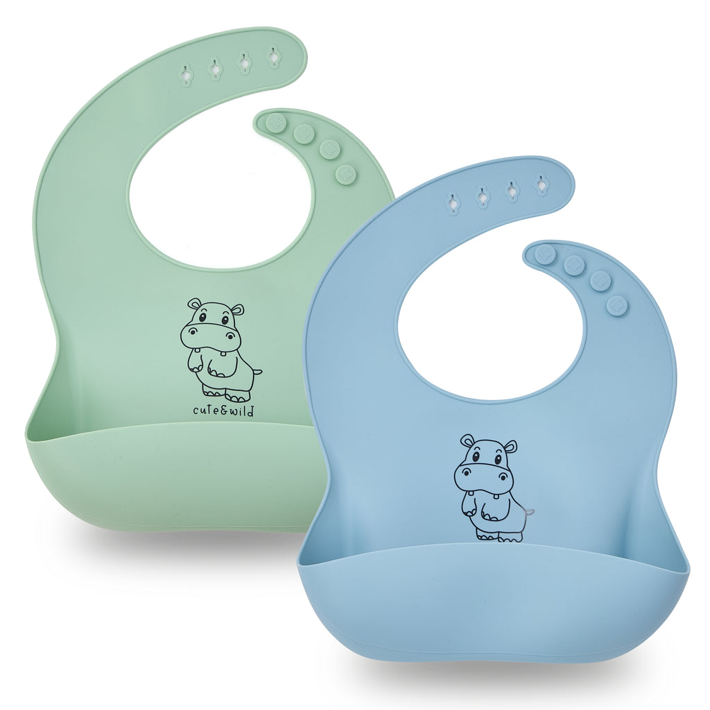 Blue and green silicone baby bib 2-piece set for baby-led weaning by Cute & Wild Baby