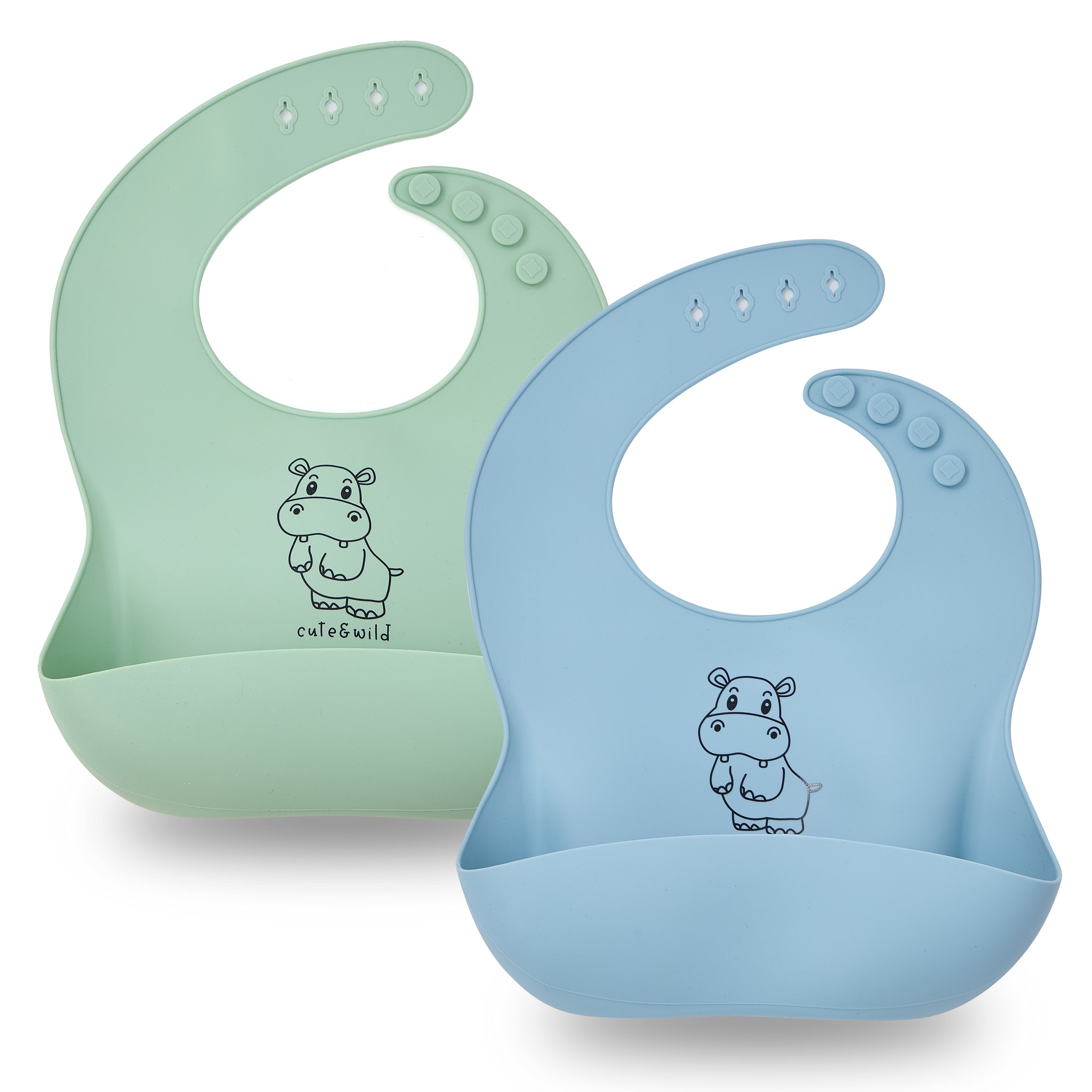Blue and green silicone baby bib 2-piece set for baby-led weaning by Cute & Wild Baby