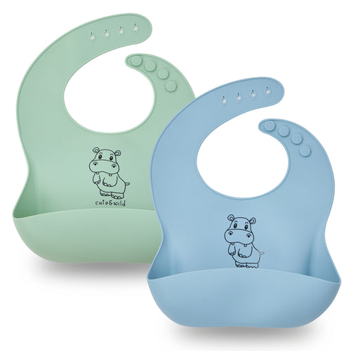 Blue and green silicone baby bib 2-piece set for baby-led weaning by Cute & Wild Baby