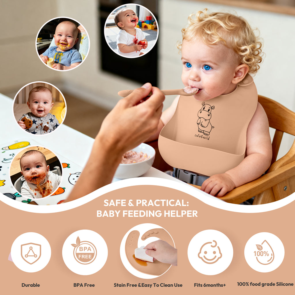 Silicone baby bib 2-piece set for baby-led weaning, soft and food-grade, by Cute & Wild Baby