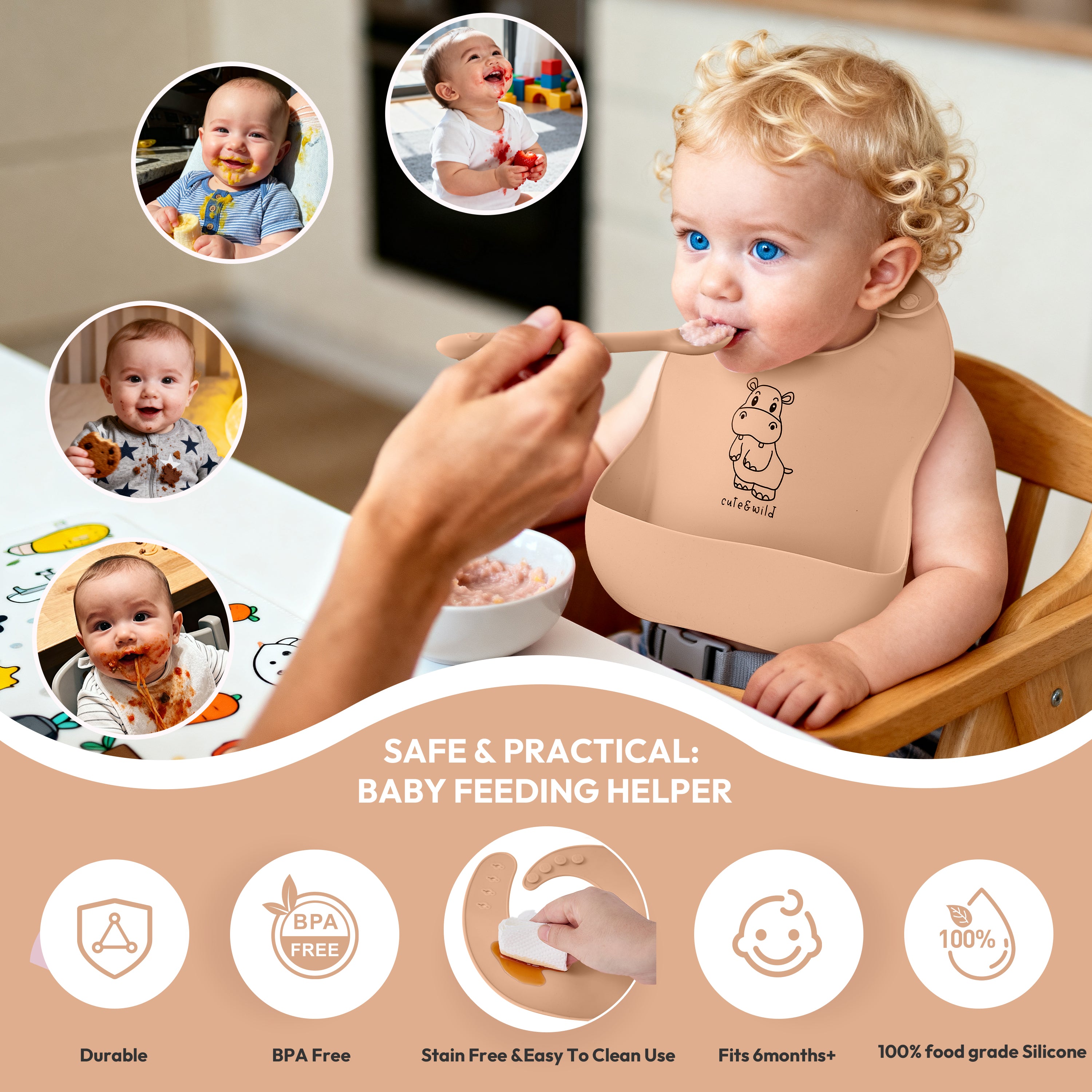 Silicone baby bib 2-piece set for baby-led weaning, soft and food-grade, by Cute & Wild Baby