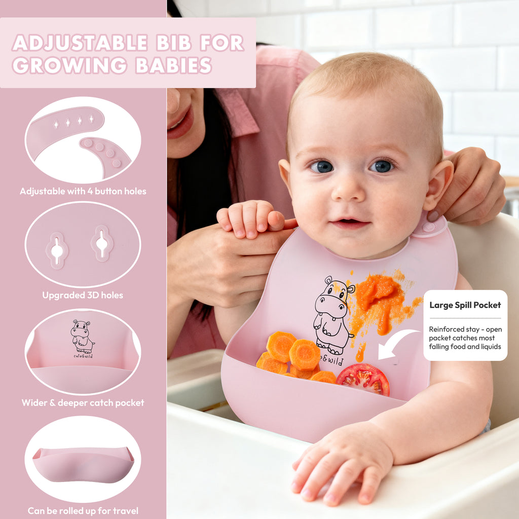 Silicone baby bib 2-piece set for baby-led weaning, soft and food-grade, by Cute & Wild Baby